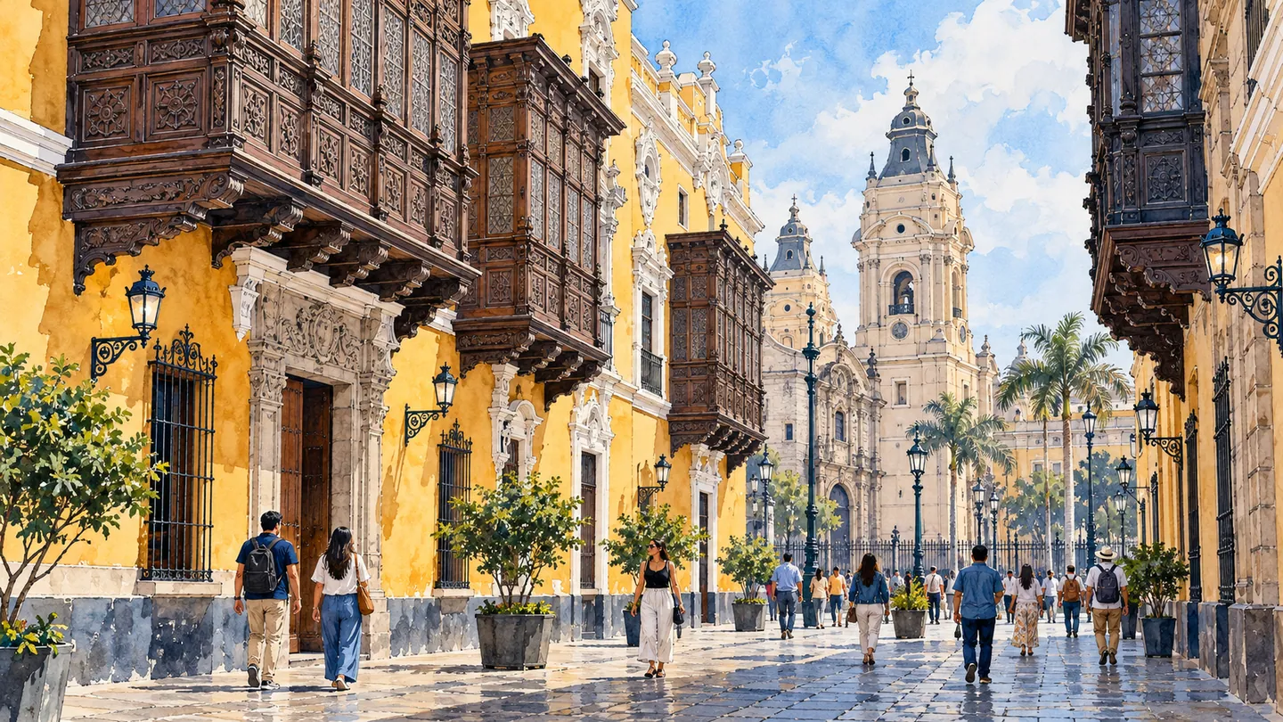 Interpretación artística de balcones y arquitectura limeña.
